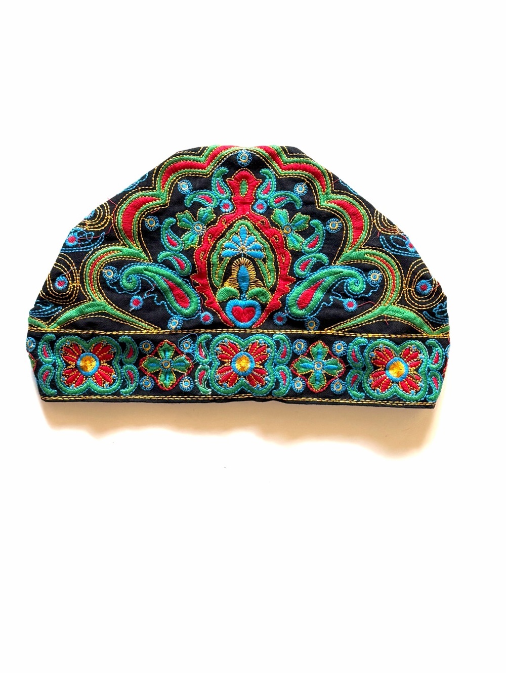 Boho Embroidered Floral Stretch Cap Hat Black Multicolor Folk Art One Size
